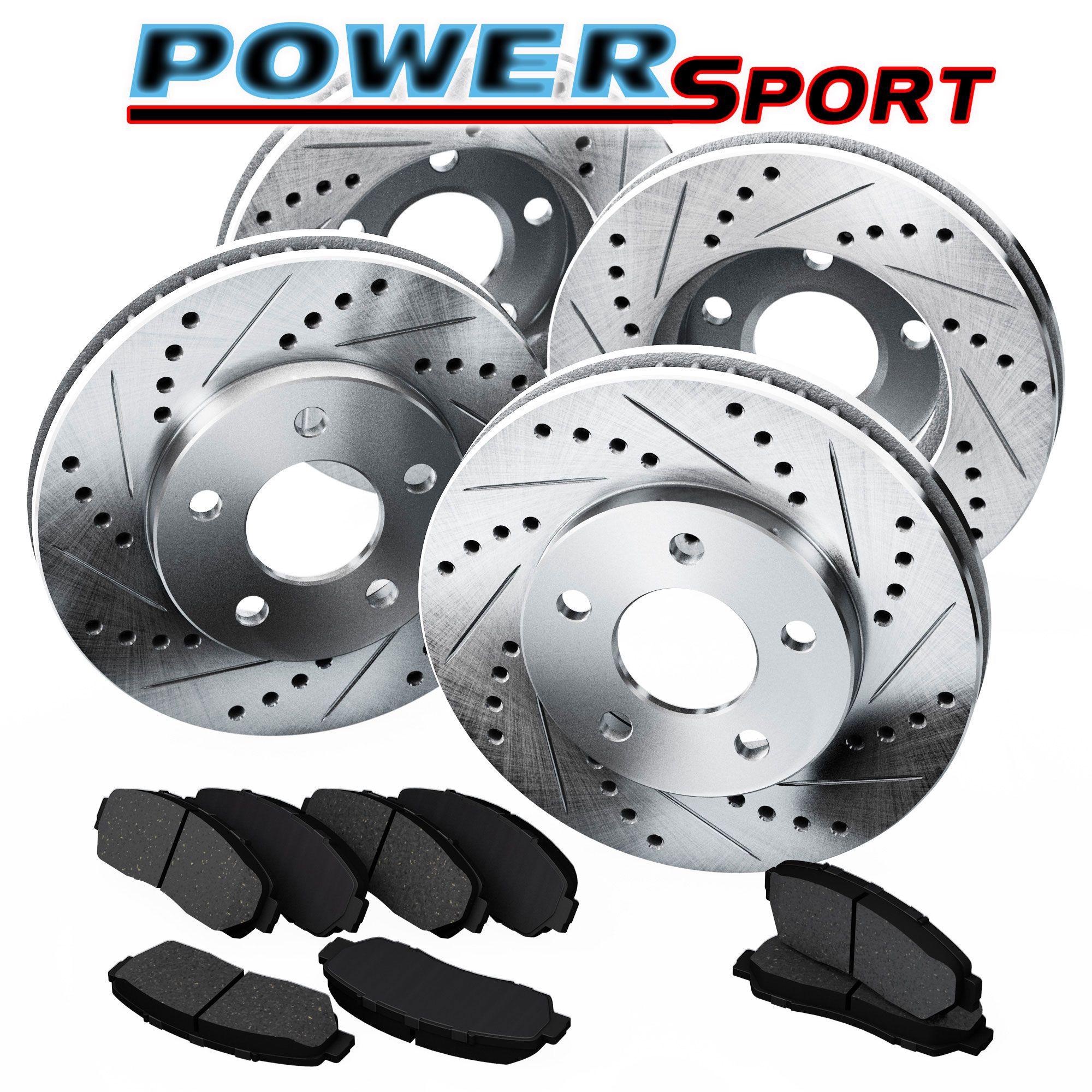 [front Rear Kit] Powersport Drilled Slotted Brake Rotors Ceramic Pads